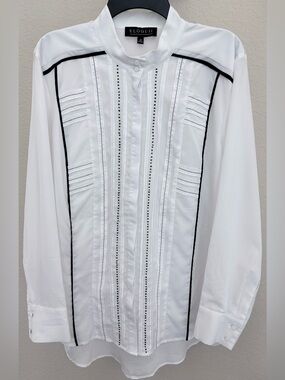 Eloquii White Tuxedo Pintuck Blouse with Black Beaded Trim & Piping Size 18